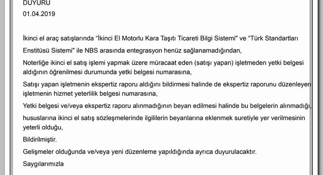 2.EL MOTORLU KARA TAŞITLARININ SATIŞLARINDAKİ, EKSPERTİZ UYGULAMASIYLA İLGİLİ EK DUYURU